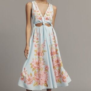 New FARM Rio x Anthropologie Linen Blend V Neck Cutout Midi Dress Blue Floral